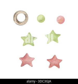 Abstrakte Formen in Aquarellpastellfarben, isoliert auf weißem Hintergrund. Handgemalte Kreise, Ringe und weiche Sternformen in Grün, Pink und Beige. Minimal Stockfoto