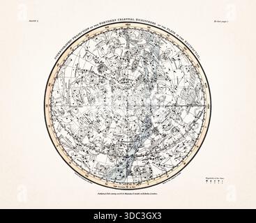 Antike Himmelskarte Illustration mit mythologischen Sternbildern und Sternkarten aus einem Astronomiebuch aus dem frühen 19. Jahrhundert, veröffentlicht in London in Stockfoto