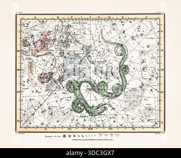 Antike Himmelskarte Illustration mit mythologischen Sternbildern und Sternkarten aus einem Astronomiebuch aus dem frühen 19. Jahrhundert, veröffentlicht in London in Stockfoto