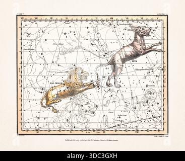 Antike Himmelskarte Illustration mit mythologischen Sternbildern und Sternkarten aus einem Astronomiebuch aus dem frühen 19. Jahrhundert, veröffentlicht in London in Stockfoto