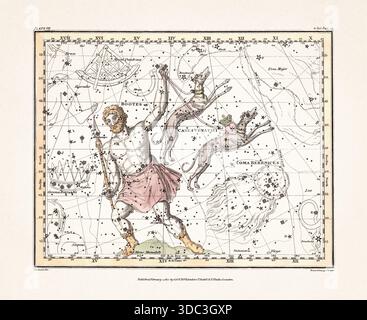 Antike Himmelskarte Illustration mit mythologischen Sternbildern und Sternkarten aus einem Astronomiebuch aus dem frühen 19. Jahrhundert, veröffentlicht in London in Stockfoto