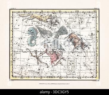 Antike Himmelskarte Illustration mit mythologischen Sternbildern und Sternkarten aus einem Astronomiebuch aus dem frühen 19. Jahrhundert, veröffentlicht in London in Stockfoto
