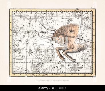 Antike Himmelskarte Illustration mit mythologischen Sternbildern und Sternkarten aus einem Astronomiebuch aus dem frühen 19. Jahrhundert, veröffentlicht in London in Stockfoto