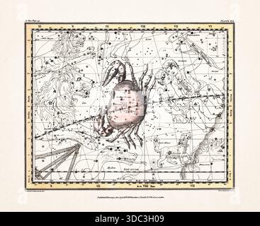 Antike Himmelskarte Illustration mit mythologischen Sternbildern und Sternkarten aus einem Astronomiebuch aus dem frühen 19. Jahrhundert, veröffentlicht in London in Stockfoto