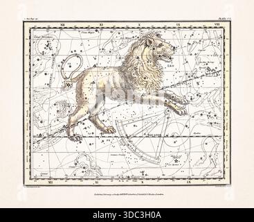 Antike Himmelskarte Illustration mit mythologischen Sternbildern und Sternkarten aus einem Astronomiebuch aus dem frühen 19. Jahrhundert, veröffentlicht in London in Stockfoto