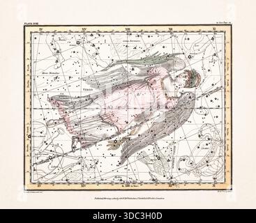 Antike Himmelskarte Illustration mit mythologischen Sternbildern und Sternkarten aus einem Astronomiebuch aus dem frühen 19. Jahrhundert, veröffentlicht in London in Stockfoto