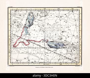 Antike Himmelskarte Illustration mit mythologischen Sternbildern und Sternkarten aus einem Astronomiebuch aus dem frühen 19. Jahrhundert, veröffentlicht in London in Stockfoto