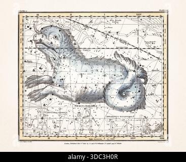 Antike Himmelskarte Illustration mit mythologischen Sternbildern und Sternkarten aus einem Astronomiebuch aus dem frühen 19. Jahrhundert, veröffentlicht in London in Stockfoto
