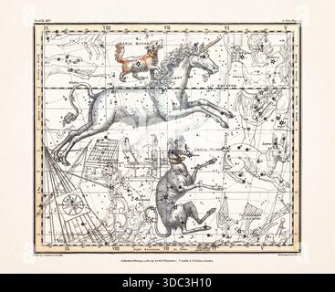 Antike Himmelskarte Illustration mit mythologischen Sternbildern und Sternkarten aus einem Astronomiebuch aus dem frühen 19. Jahrhundert, veröffentlicht in London in Stockfoto