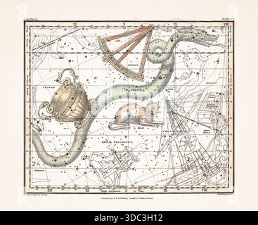 Antike Himmelskarte Illustration mit mythologischen Sternbildern und Sternkarten aus einem Astronomiebuch aus dem frühen 19. Jahrhundert, veröffentlicht in London in Stockfoto