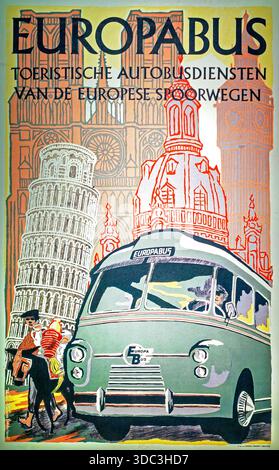 Europabus-Plakat im Vintage-Stil von 1961 für den Fernverkehr mit Bussen der Union des Services Routiers des Chemins de Fer Européens / URF Stockfoto