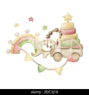 Komposition mit Kinderspielzeug: Auto, Elefant, Pyramide, Beißring, Fahnen. Aquarellabbildung von Hand gezeichnet. Für Design, Kinderzimmer, Baby Stockfoto