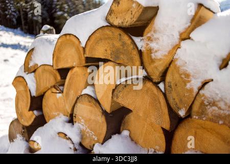 Fein säuberlich gestapelt Stapel von gehackten trocken Trunks Holz mit Schnee im Freien auf hellen, kalten Winter sonniger Tag, abstrakten Hintergrund, Feuer Holz Protokolle erstellt Stockfoto