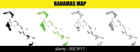 Sammlung von Kartenabbildungen auf den bahamas, einschließlich massiver schwarzer gefüllter Form, grüner gefüllter Umrisszeichnung und gepunkteter Musterdarstellung Stock Vektor