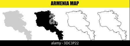 Armenien Kartenabbildung mit verschiedenen grafischen Darstellungen, einschließlich einer gepunkteten Umrisse, einer durchgehenden Silhouette und zwei Strichkunstversionen mit Punkten Stock Vektor