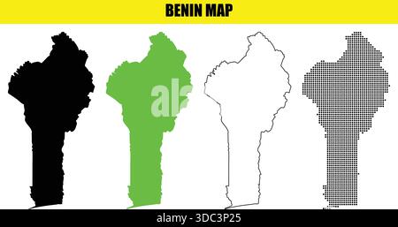 Benin Karte Illustration in schwarzer Silhouette grün gefüllte Umrisse und gepunktete Stile auf weißem Hintergrund mit einer gelben Kopfgrafik, die benin Karte sagt Stock Vektor