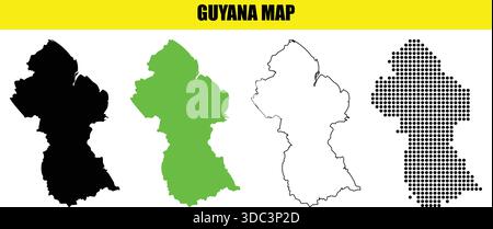 Guyana Karte, vier verschiedene Stile, schwarz, grün, umrissen, gepunktet, Vektorillustration, geografische Formen, Ländergrenzen Stock Vektor