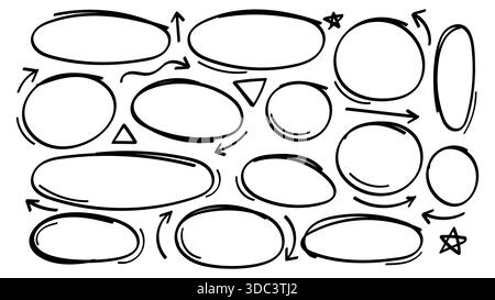 Sammlung von handgezeichneten Doodle-Elementen, einschließlich verschiedener ovaler und kreisförmiger Hervorhebungsrahmen, Pfeile, Sterne und Dreiecke.Vektorillustration Stock Vektor