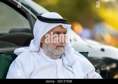 Ranghoher arabischer Mann, der draußen sitzt und traditionelle arabische Kleidung trägt und beobachtet. Hochwertige Fotos Stockfoto