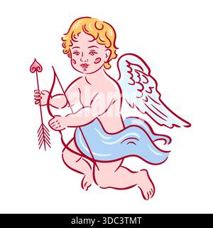 Ein süßer Baby-Cupid, gezeichnet in einem lockeren, skizzenhaften Stil, mit schlichtem Bogen und Pfeil, sanften Schatten und einer verspielten, skurrilen Pose. Stock Vektor