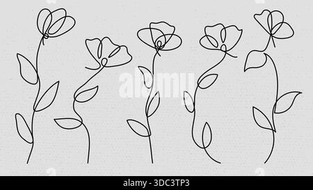 One Continuous Line Art Flowers Collection Von Hand Gezeichneter Blüte. Vektorabbildung Stock Vektor