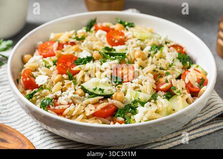 Gesunder griechischer Orzo Pasta Salat mit Feta Tomate und Gurke Stockfoto