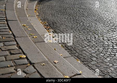 Gekrümmte Kopfsteinpflasterstraße mit gefallenen Blättern im herbstlichen Sonnenuntergang. Herbst in der Stadt, Wetter und Jahreszeiten wechseln, Natur und urbane Umgebung Stockfoto