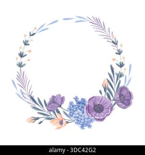 Blumenkranz in Aquarellfarben mit violetten und pfirsichfarbenen Blüten Stockfoto