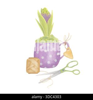 Aquarellillustration der Hyazinthe in violettem Polka Dot Becher mit Schere und Garn Stockfoto