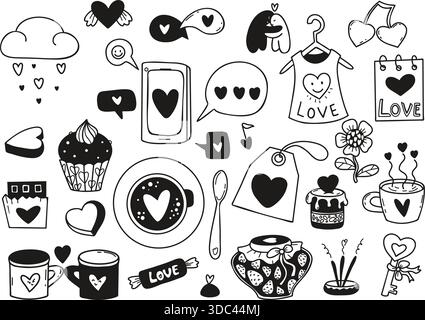 Liebe Valentinstag Doodle. Handgezeichnetes Schwarzes Set. Isolierter Kaffee, Süßigkeiten, Erdbeermarmelade, Cupcake Und Romantik Symbols Icon Collection. Vektorillust Stock Vektor