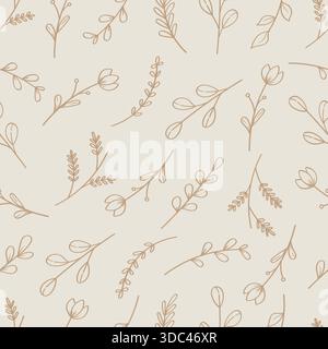 Abstrakte botanische Blätter und Blumen Line Art nahtloses Muster. Vektorabbildung Stock Vektor