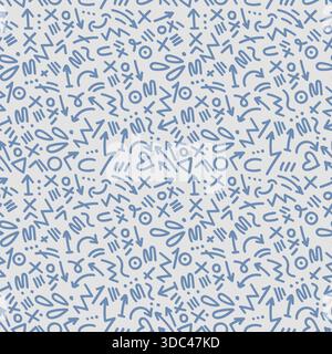 Memphis Stil Nahtlose Muster Hand Gezeichnet Blau Doodle Hintergrund. Vektorabbildung Stock Vektor