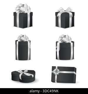 Vektor 3d Schwarze Geschenkboxen Set mit weißer Schleife, Vektor-Illustration. Luxuriöse Geschenkverpackungen Geschenksammlung, Verpackte Kartons, Isoliert. Urlaub Stock Vektor