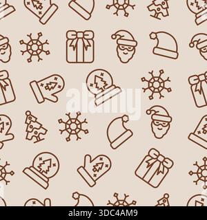 Nahtloses Vektormuster mit sich wiederholenden Umrisssymbolen der klassischen Weihnachtselemente in einer warmen braunen Farbe auf einem blassbeigen Hintergrund.Vector illust Stock Vektor