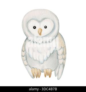 Aquarellfarben mit niedlichem Eulencharakter für Winter und Neujahr, Weihnachtsmotiv. Perfekt für Kinderzimmer Dekor, Kinderkarte, Urlaub Illustration, Baby Dusche und Stockfoto