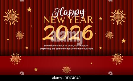 Happy New Year 2026 Weihnachtsbanner Grüße Podium Vorhänge Roter Hintergrund Feuerwerk Dekoration. Vektorkonstruktion Stock Vektor