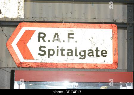 Schilder für RAF Spitalgate im South Yorkshire Air Museum, Doncaster; dieser RFC-, RAF-, WRAF- und USAAF-Standort hat eine komplexe Geschichte bis ins Jahr 1915 Stockfoto