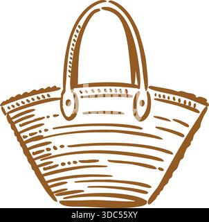 Handgezeichnete Korbtasche mit Strohmuster, Griffen und genähter Textur. Stock Vektor