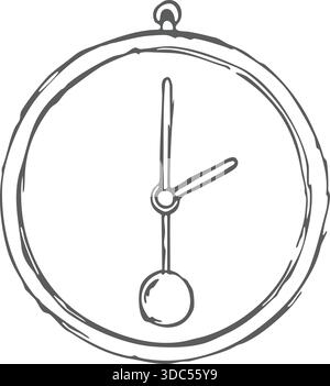 Klare Umrisse einer runden Wanduhr mit einem hängenden Pendel an der Unterseite. Stock Vektor