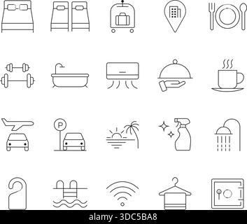 Hotel Services Line Icons Set – Bearbeitbare Stroke Hospitality Annehmlichkeiten Kollektion Stock Vektor