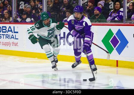 Minneapolis, Minnesota, USA. Dezember 2025. Minnesota Frost Verteidiger LEE STECKLEIN (2) will hinter dem Netz vorbeigehen. Die Minnesota Frost und Boston Fleet traten am 19. Dezember in der Grand Casino Arena zu einem regulären Saisonspiel an. Die Minnesota Frost siegten mit 5:2. (Kreditbild: © Michael Turner/ZUMA Press Wire) NUR REDAKTIONELLE VERWENDUNG! Nicht für kommerzielle ZWECKE! Stockfoto
