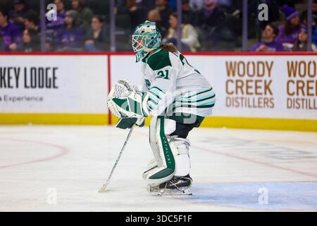 Minneapolis, Minnesota, USA. Dezember 2025. Bostoner Torhüter AERIN FRANKEL bereitet sich auf einen Schuss vor. Die Minnesota Frost und Boston Fleet traten am 19. Dezember in der Grand Casino Arena zu einem regulären Saisonspiel an. Die Minnesota Frost siegten mit 5:2. (Kreditbild: © Michael Turner/ZUMA Press Wire) NUR REDAKTIONELLE VERWENDUNG! Nicht für kommerzielle ZWECKE! Stockfoto