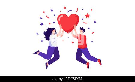 Ein Mann und eine Frau hüpfen vor Freude in der Luft, während sie eine große rote Herzform halten, umgeben von bunten Konfetti und Sternen. Stock Vektor