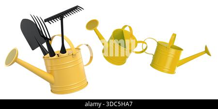Gartenwerkzeuge wie Schaufel, Gabel und Rechen in Gießkannen, isoliert auf weißem Gartenkonzept. Stockfoto