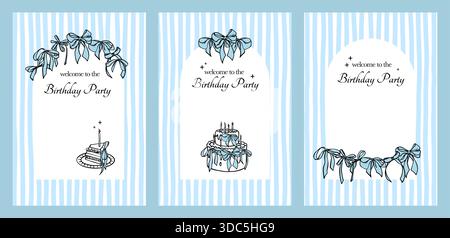 Geburtstagseinladungen im Coquette-Stil. Handgezeichnete Vintage-Vorlagen mit Bögen, Geburtstagskuchen und in blauer Farbe. Niedliche, stilvolle Partyeinladungsdesigns für Print- oder Webzwecke. Stock Vektor