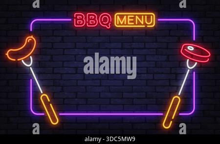 Farbenfroher Neon-Vektor-Rahmen mit BBQ-Menübeschriftung und gegrillten Speisen-Symbolen. Konzipiert für Restaurantmenüs, Veranstaltungen im Freien und Grillabende. Stock Vektor