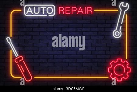 Auffälliger Neonvektorrahmen mit Text, Werkzeugen und mechanischen Symbolen für die automatische Reparatur. Perfekt für Werkstattplakate, Fahrzeugdiagnose und Profis Stock Vektor