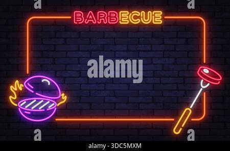 Warmer Neon-Vektorrahmen mit Barbecue-Schild, Grill Burger und Spieß-Symbol. Perfekt für Poster zum Kochen, Lebensmittelfestivals und Branding auf dem Straßengrill. Stock Vektor