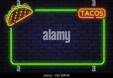 Farbenfroher Neon-Vektor-Rahmen mit Tacos-Schild und mexikanischem Food-Symbol. Ideal für Streetfood-Werbung, schnelles, zwangloses Branding und lebhaftes Menüdesign. Stock Vektor