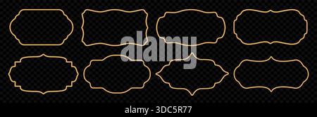 Goldenes 3D-Rahmenset. Dekorative orientalische Grenze, islamische Fensterform, muslimische Zertifikatrahmen, Abzeichen, luxuriöse dekorative Elemente. Vektor Stock Vektor